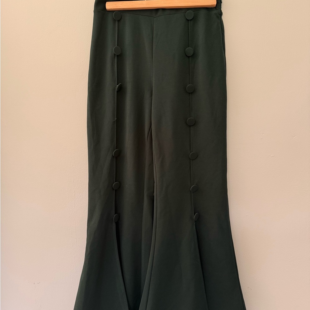 Dark Green Button-Trim Flared Midi Skirt